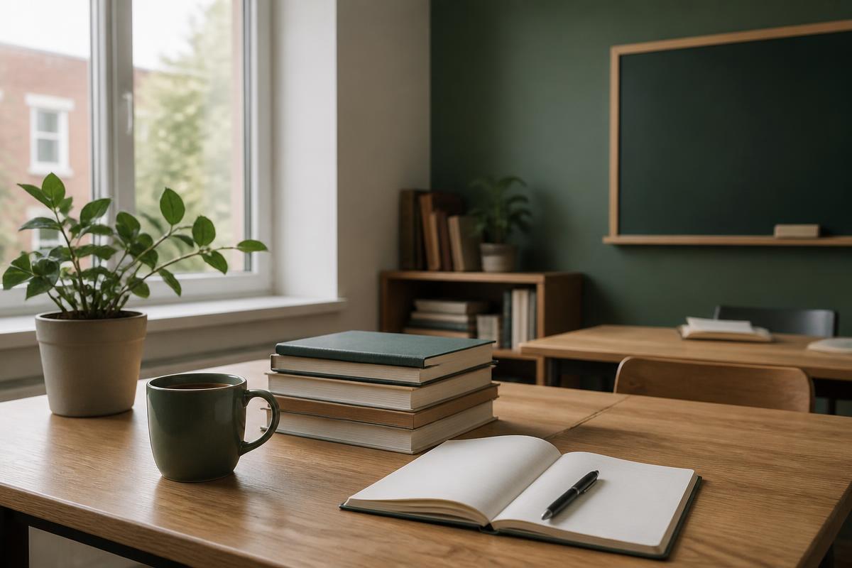 Ljus studiehörna med böcker och anteckningsblock